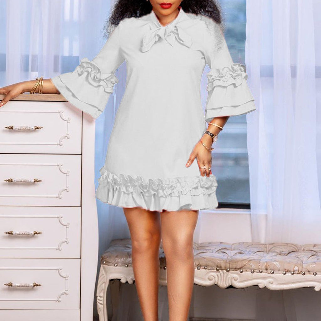 Women's Ruffle-Hem Bow-Collar 3/4 Sleeve Tunic Dress