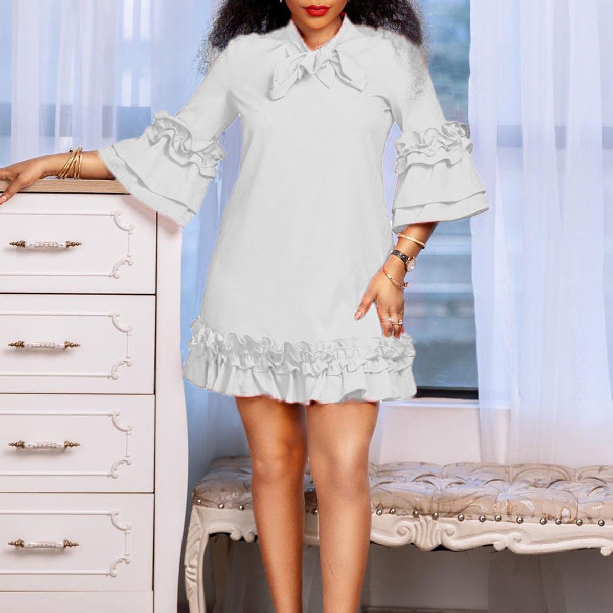 Women's Ruffle-Hem Bow-Collar 3/4 Sleeve Tunic Dress