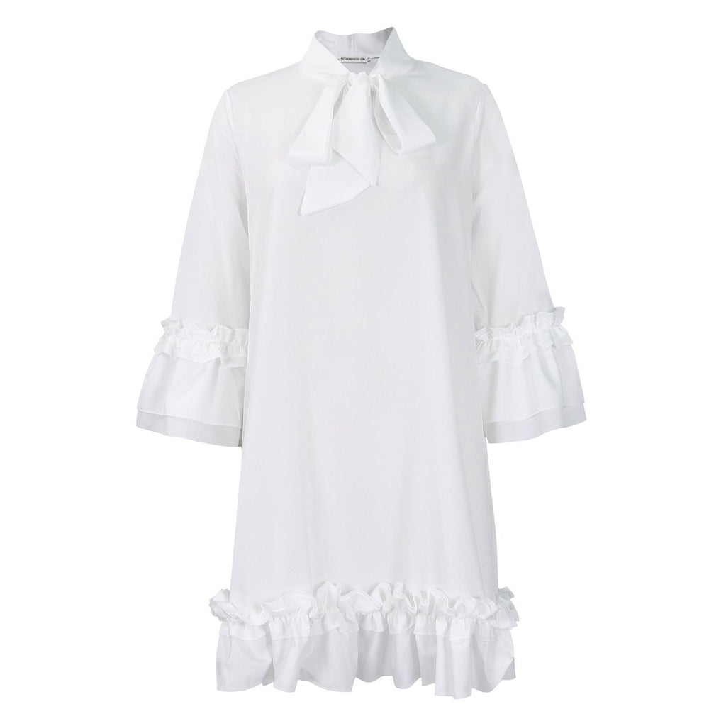 Women's Ruffle-Hem Bow-Collar 3/4 Sleeve Tunic Dress - White