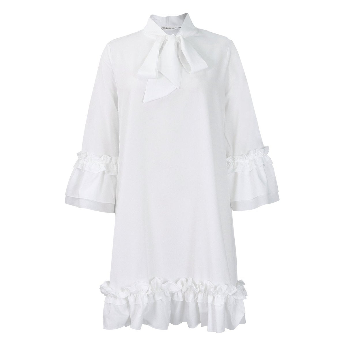 Women's Ruffle-Hem Bow-Collar 3/4 Sleeve Tunic Dress - White