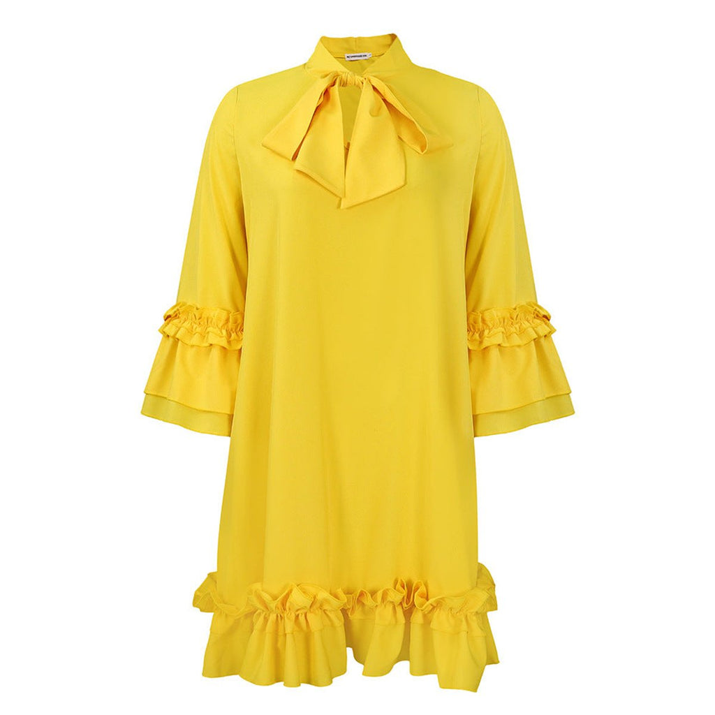 Women's Ruffle-Hem Bow-Collar 3/4 Sleeve Tunic Dress - Yellow