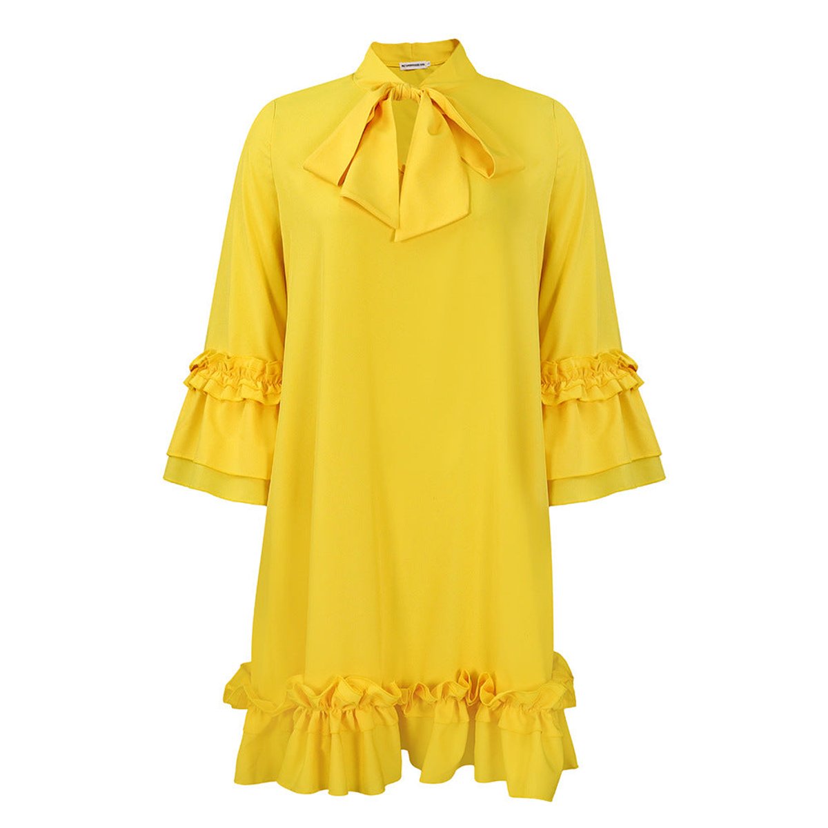 Women's Ruffle-Hem Bow-Collar 3/4 Sleeve Tunic Dress - Yellow