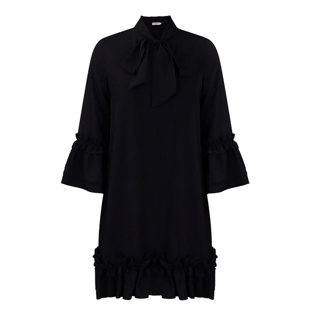 Women's Ruffle-Hem Bow-Collar 3/4 Sleeve Tunic Dress - Black