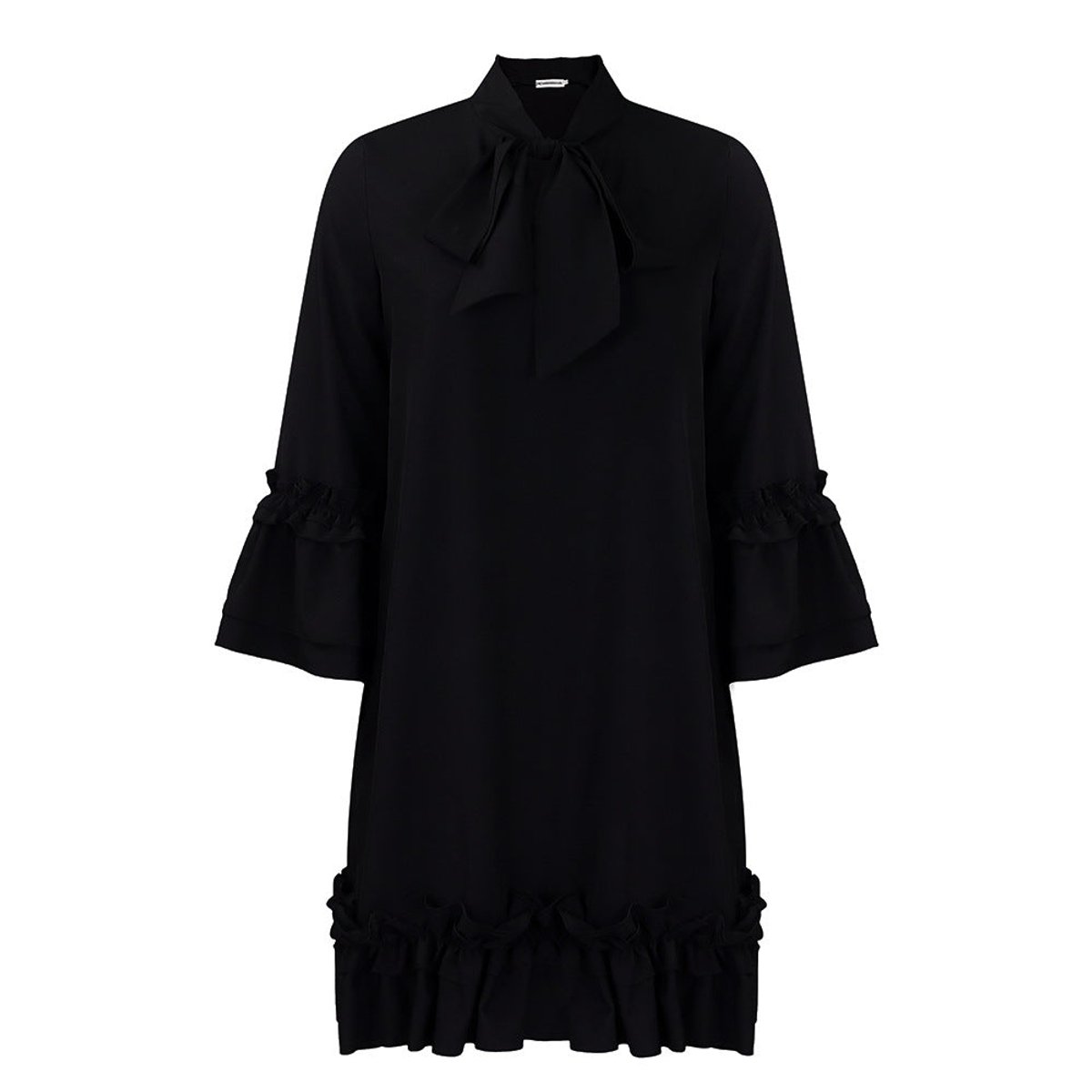 Women's Ruffle-Hem Bow-Collar 3/4 Sleeve Tunic Dress - Black