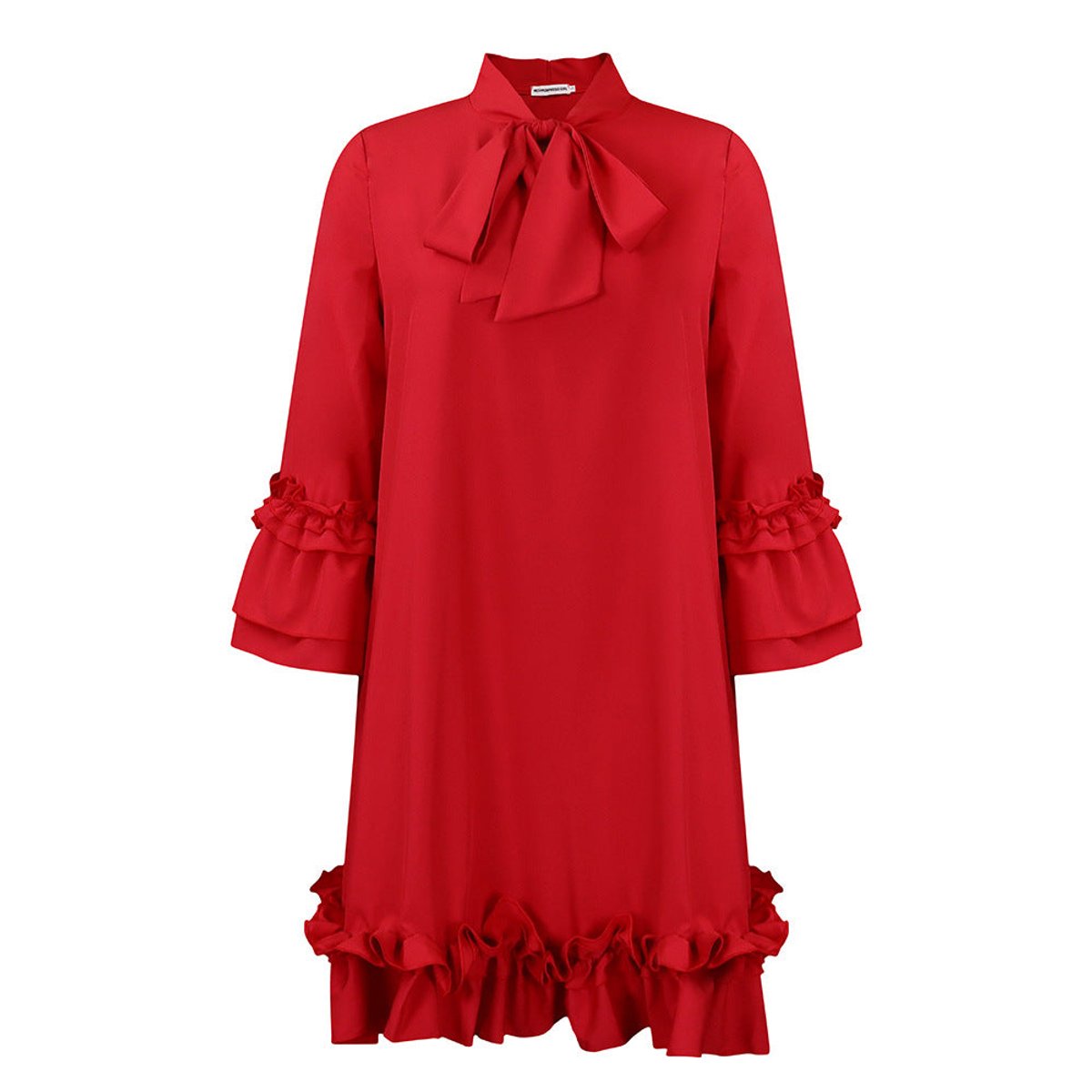 Women's Ruffle-Hem Bow-Collar 3/4 Sleeve Tunic Dress - Red