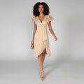 Women's Ruffle Sleeve V-Neck Wrap Mother of the Bride Dress - Champagne Beige