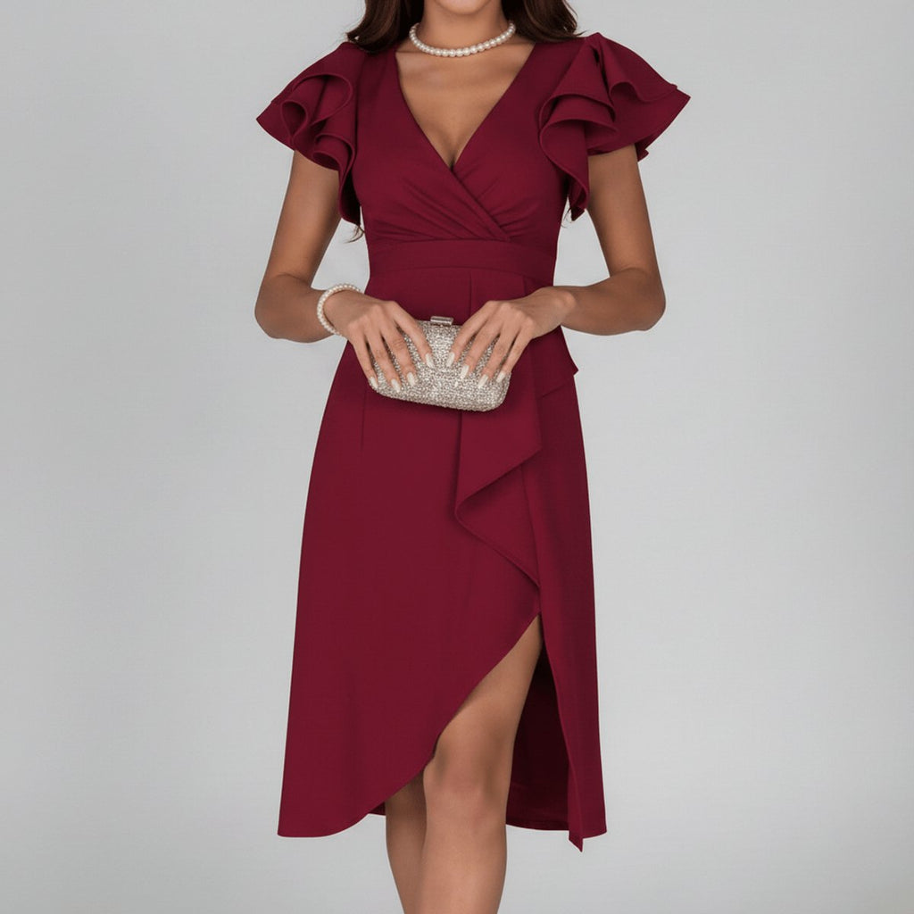 Women's Ruffle Sleeve V-Neck Wrap Mother of the Bride Dress - Deep Red
