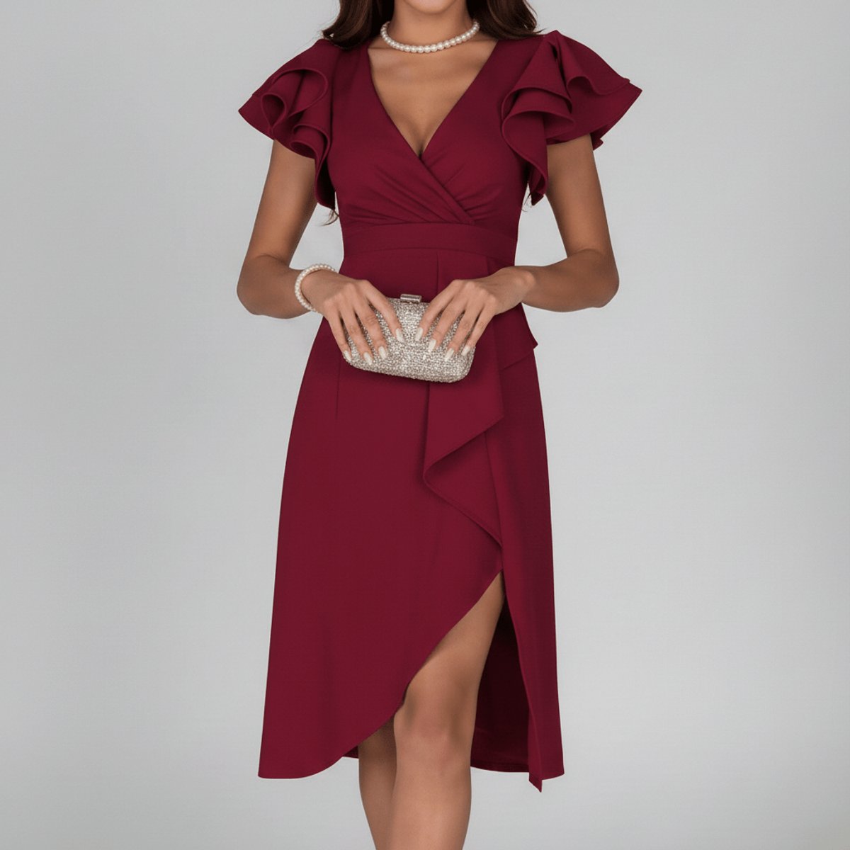 Women's Ruffle Sleeve V-Neck Wrap Mother of the Bride Dress - Deep Red