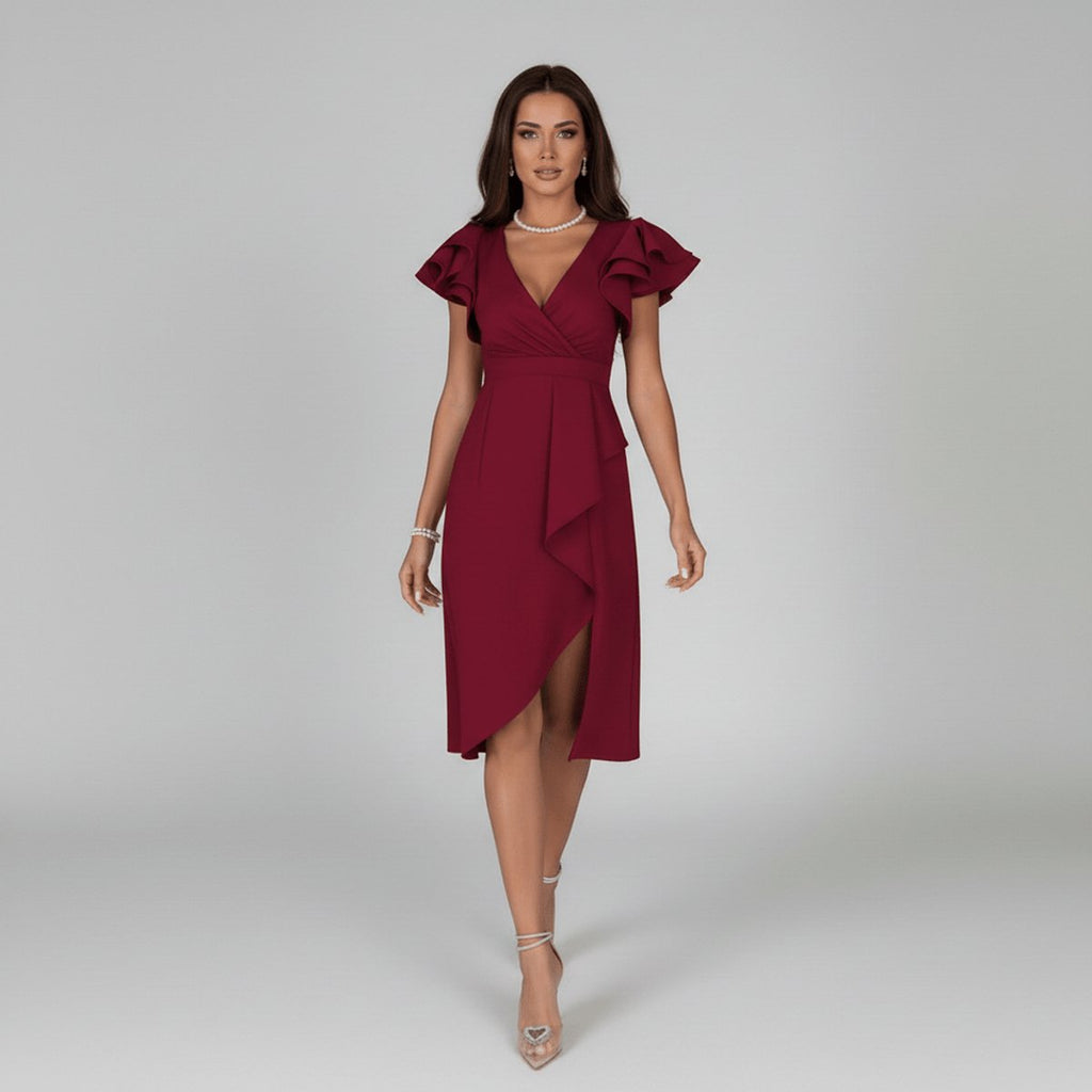 Women's Ruffle Sleeve V-Neck Wrap Mother of the Bride Dress