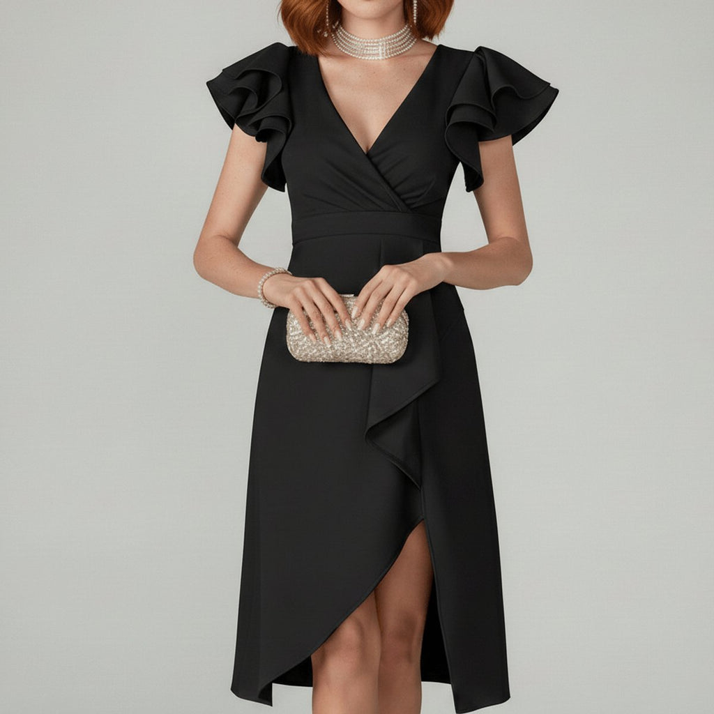 Women's Ruffle Sleeve V-Neck Wrap Mother of the Bride Dress - Classic Black