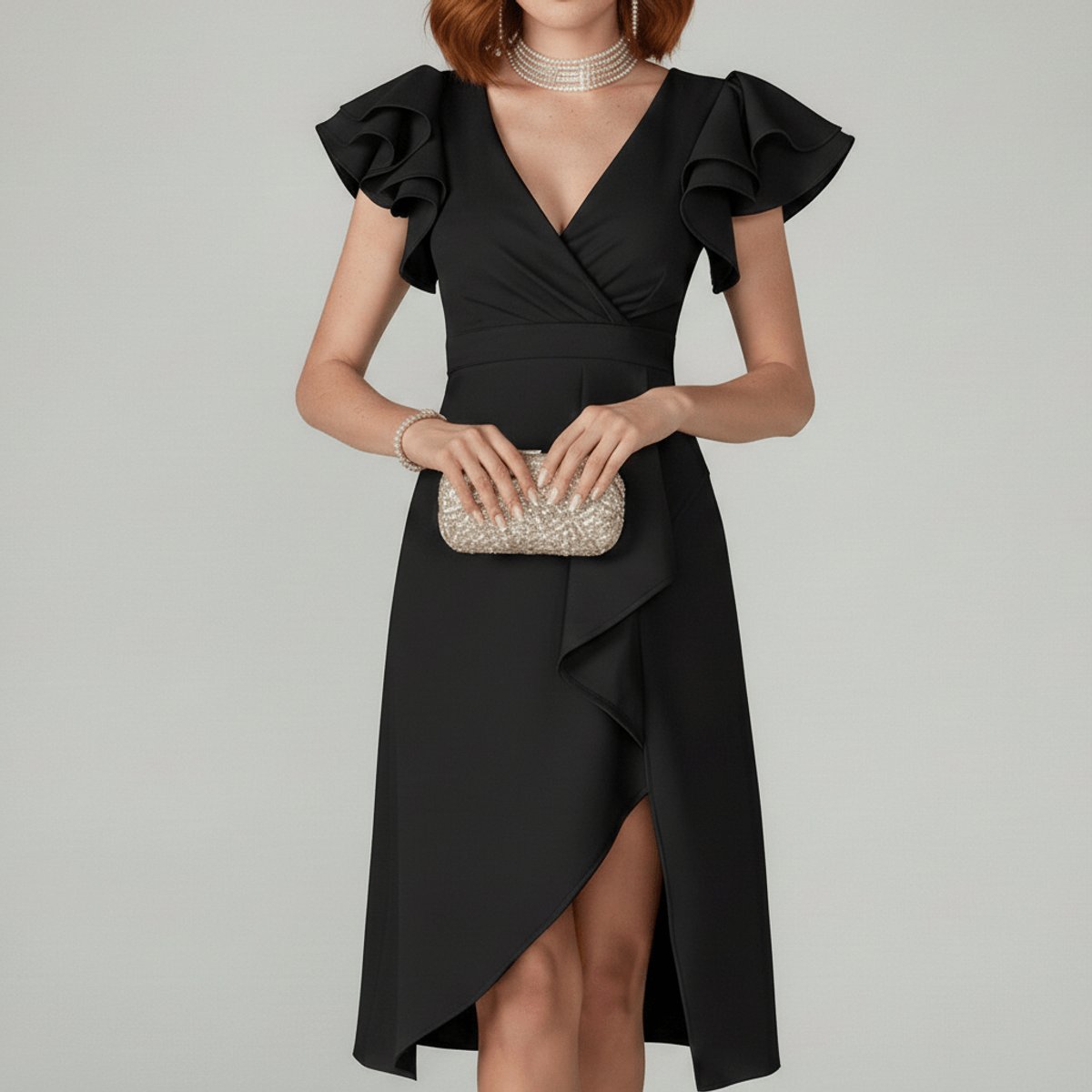 Women's Ruffle Sleeve V-Neck Wrap Mother of the Bride Dress - Classic Black
