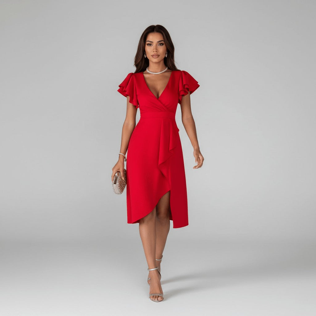 Women's Ruffle Sleeve V-Neck Wrap Mother of the Bride Dress - Vivid Red