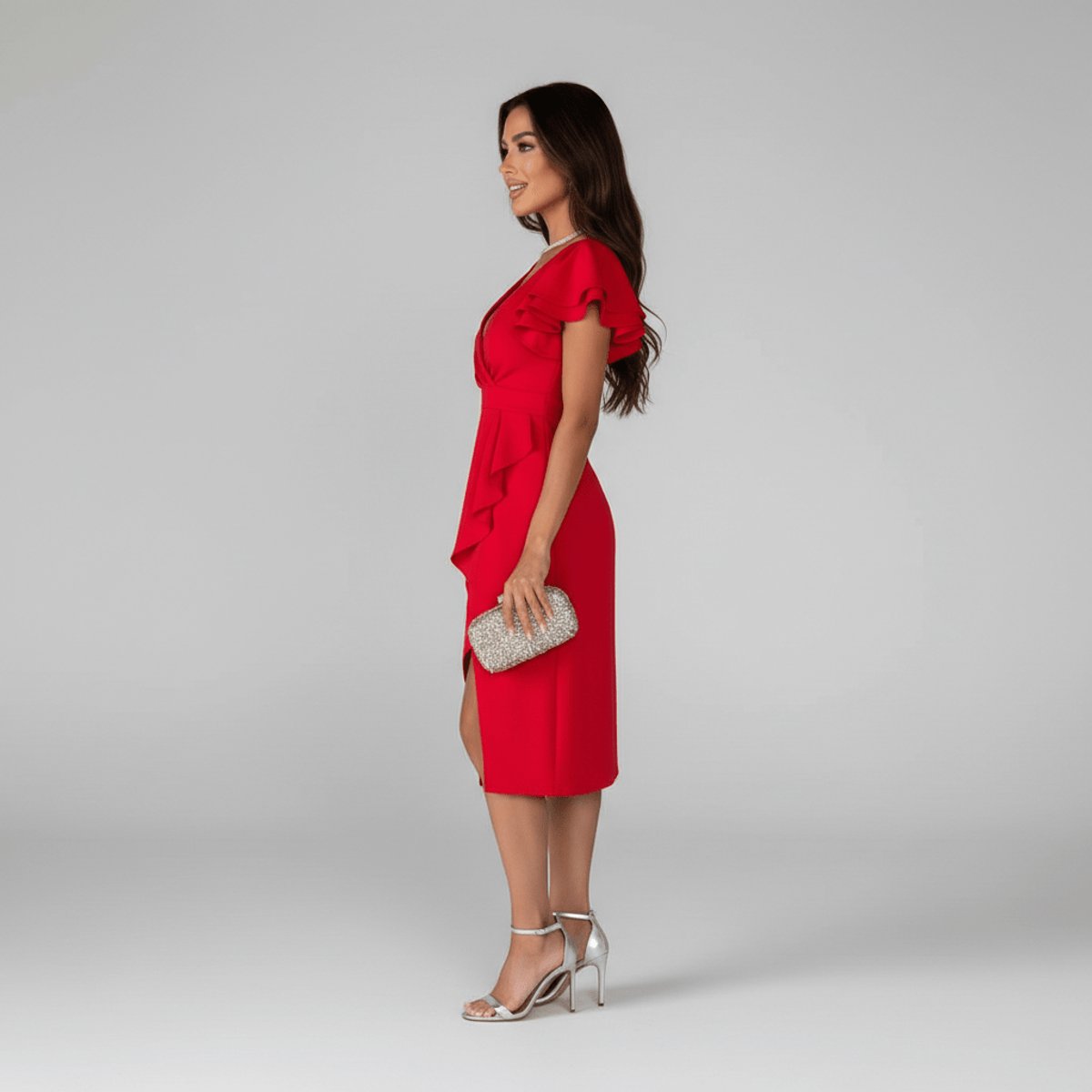 Women's Ruffle Sleeve V-Neck Wrap Mother of the Bride Dress