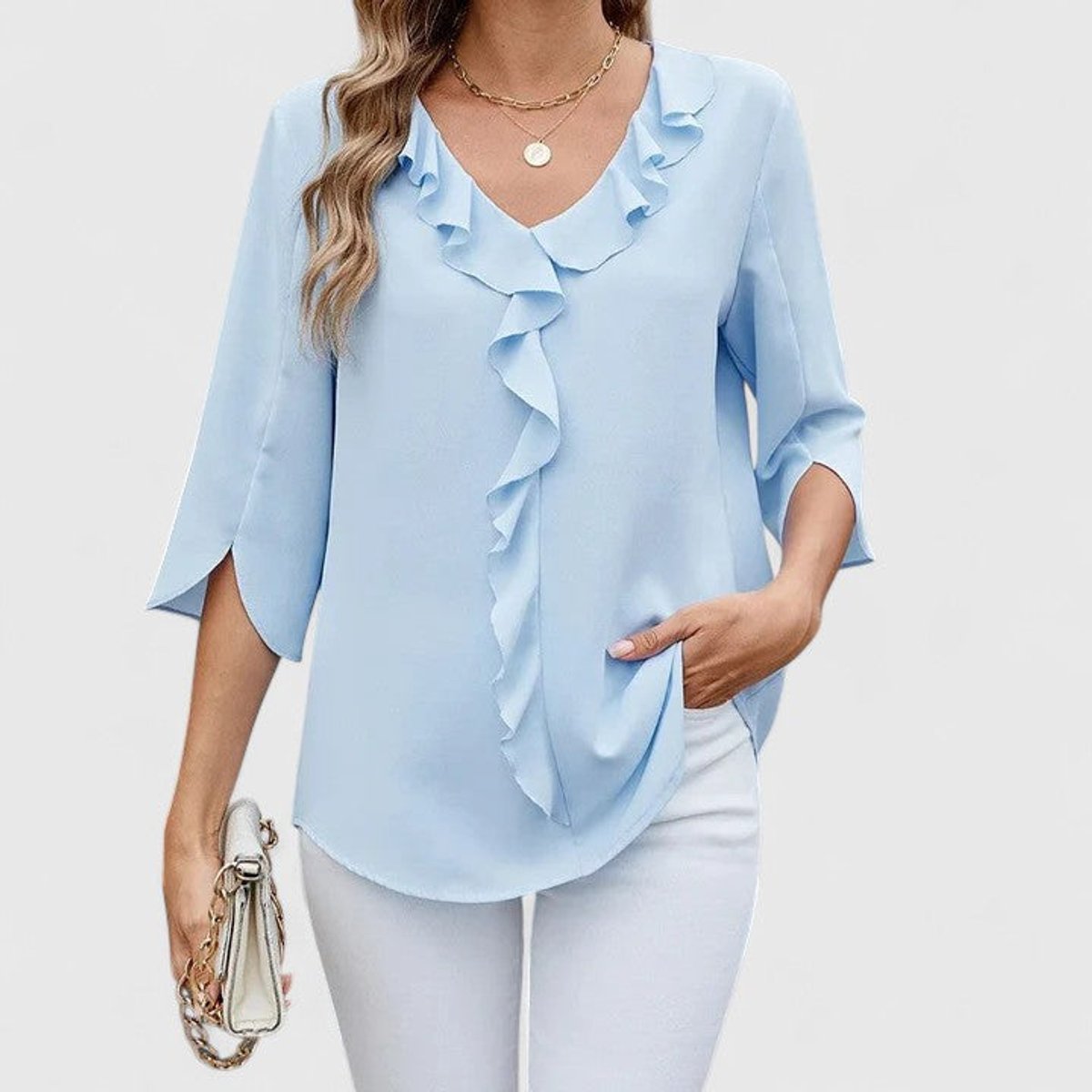 Women's Ruffle V-Neck 3/4 Sleeve Lightweight Chiffon Blouse