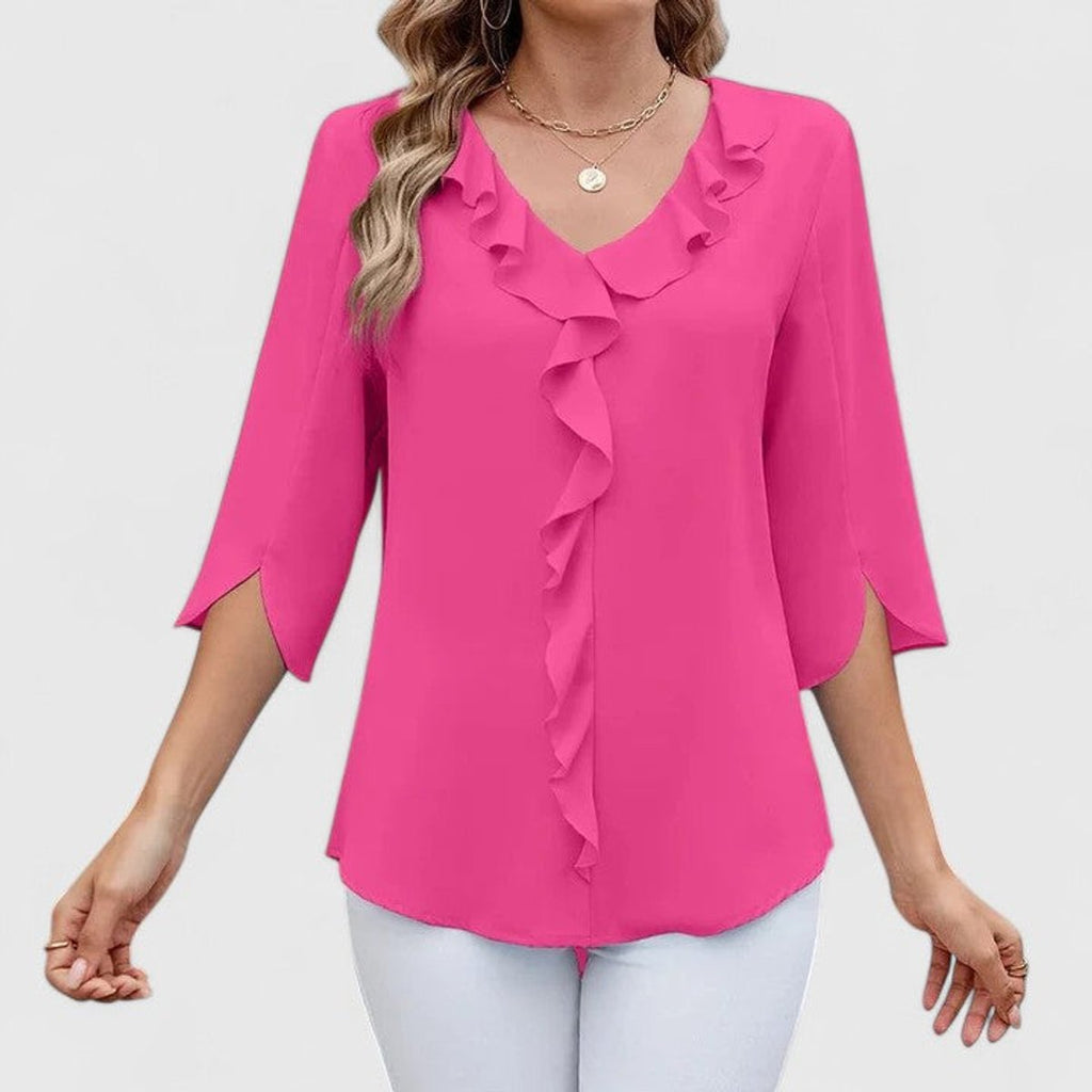 Women's Ruffle V-Neck 3/4 Sleeve Lightweight Chiffon Blouse - Pink