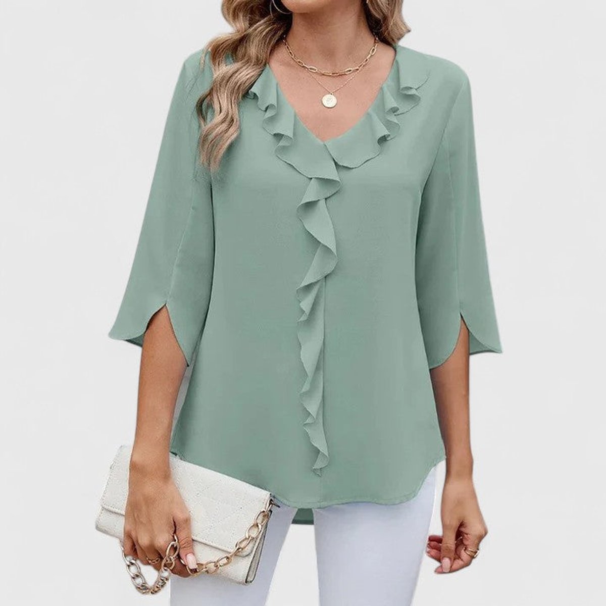 Women's Ruffle V-Neck 3/4 Sleeve Lightweight Chiffon Blouse - Green