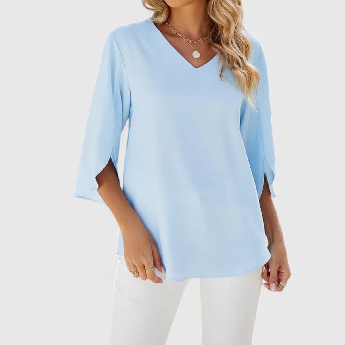 Women's Ruffle V-Neck 3/4 Sleeve Lightweight Chiffon Blouse - Classic Blue