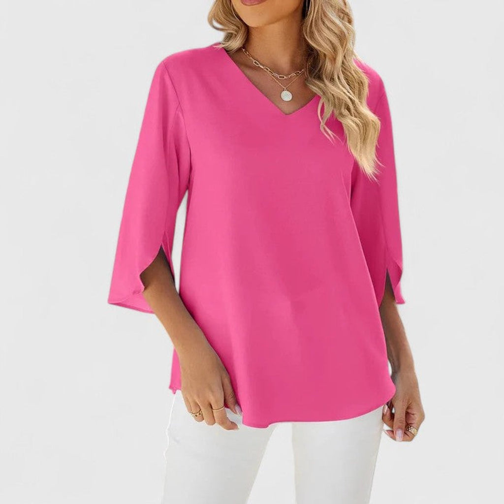 Women's Ruffle V-Neck 3/4 Sleeve Lightweight Chiffon Blouse - Classic Pink