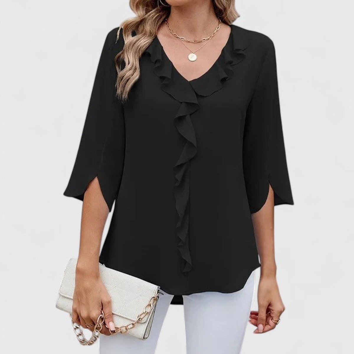 Women's Ruffle V-Neck 3/4 Sleeve Lightweight Chiffon Blouse - Black