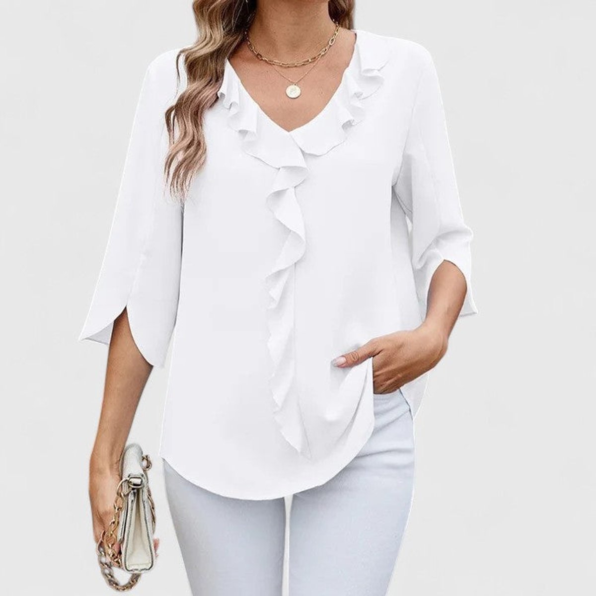 Women's Ruffle V-Neck 3/4 Sleeve Lightweight Chiffon Blouse - White