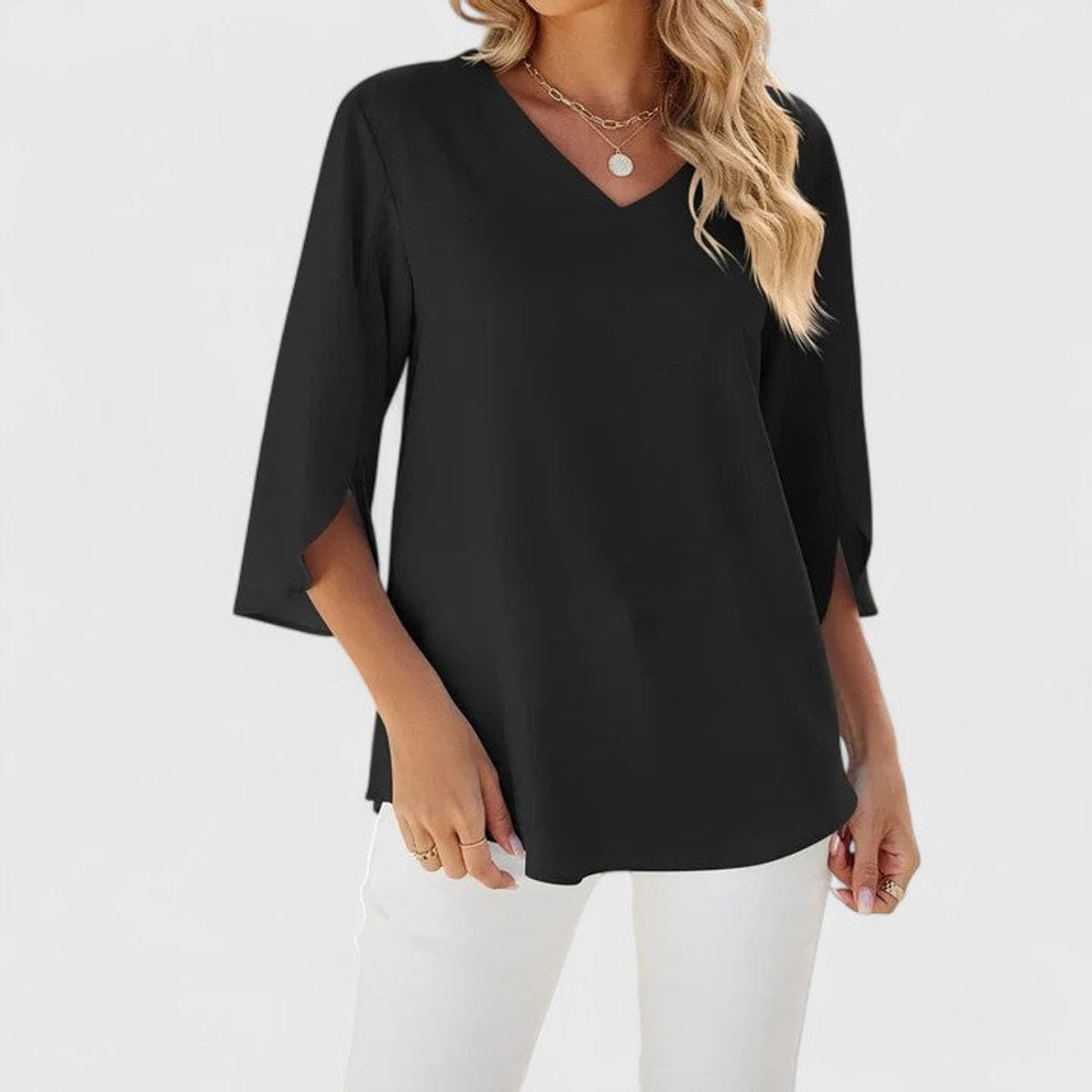 Women's Ruffle V-Neck 3/4 Sleeve Lightweight Chiffon Blouse - Classic Black