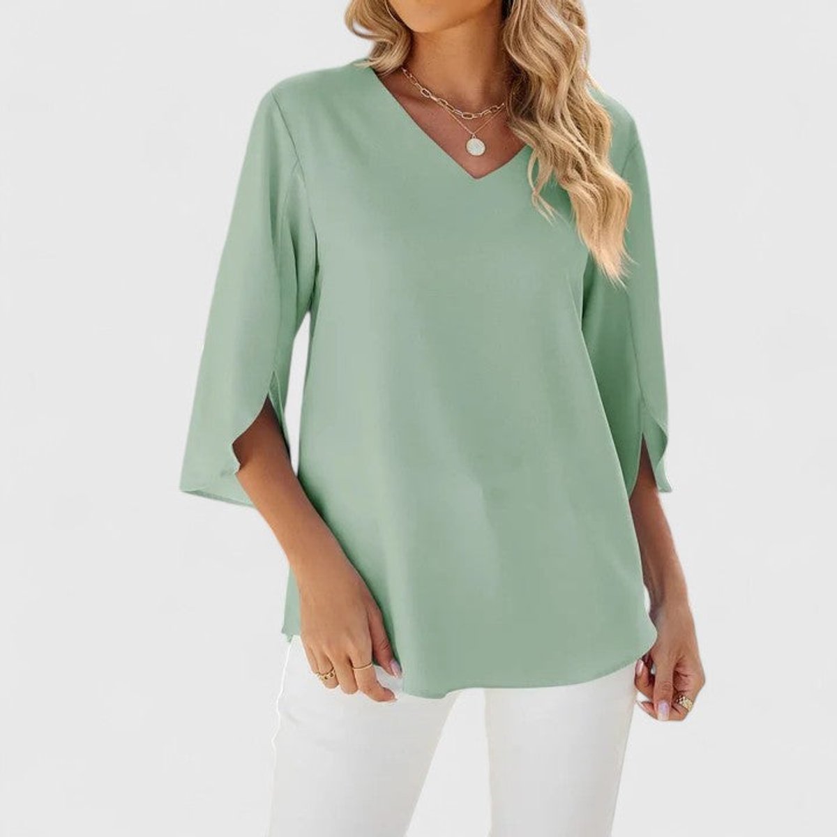 Women's Ruffle V-Neck 3/4 Sleeve Lightweight Chiffon Blouse - Classic Green