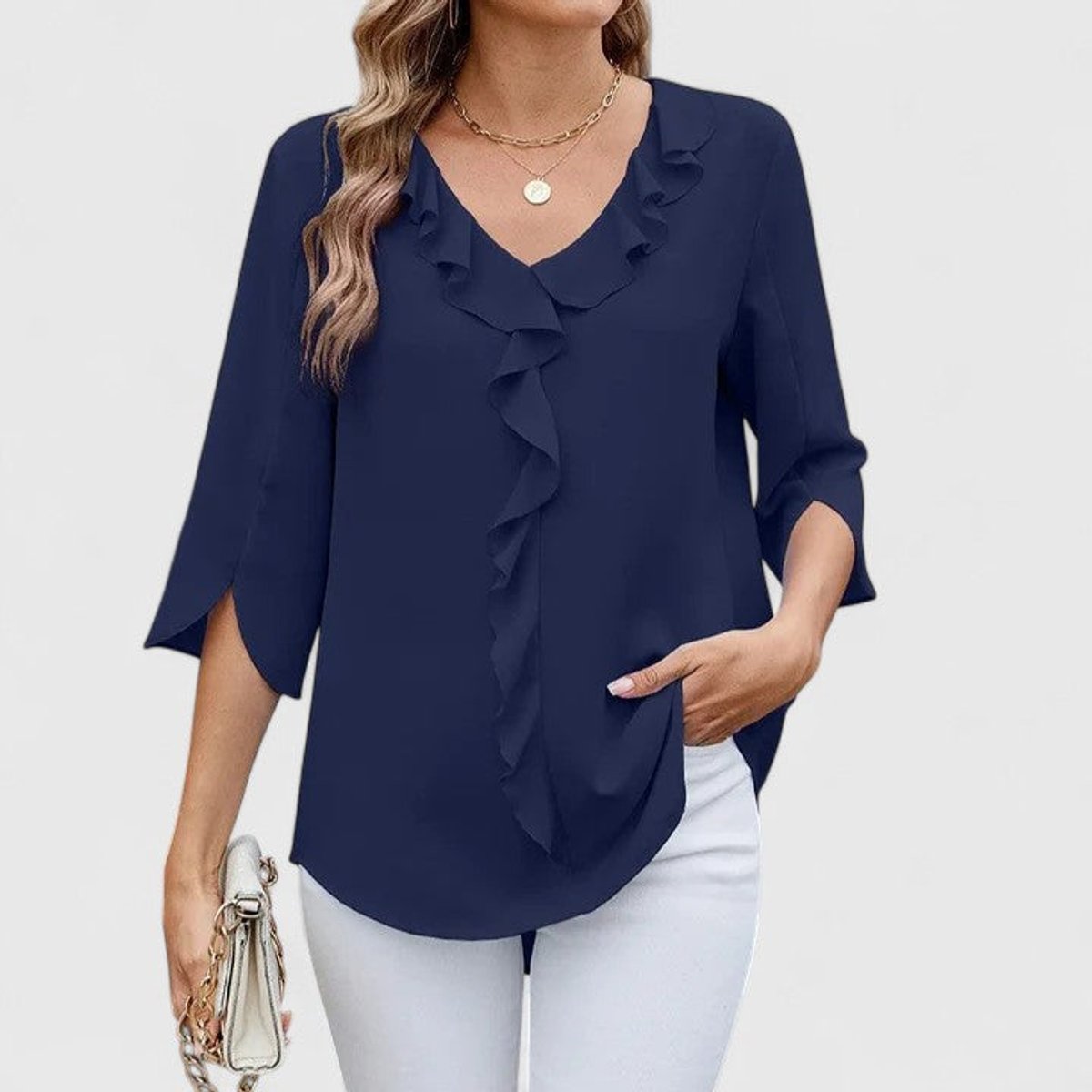 Women's Ruffle V-Neck 3/4 Sleeve Lightweight Chiffon Blouse - Blue