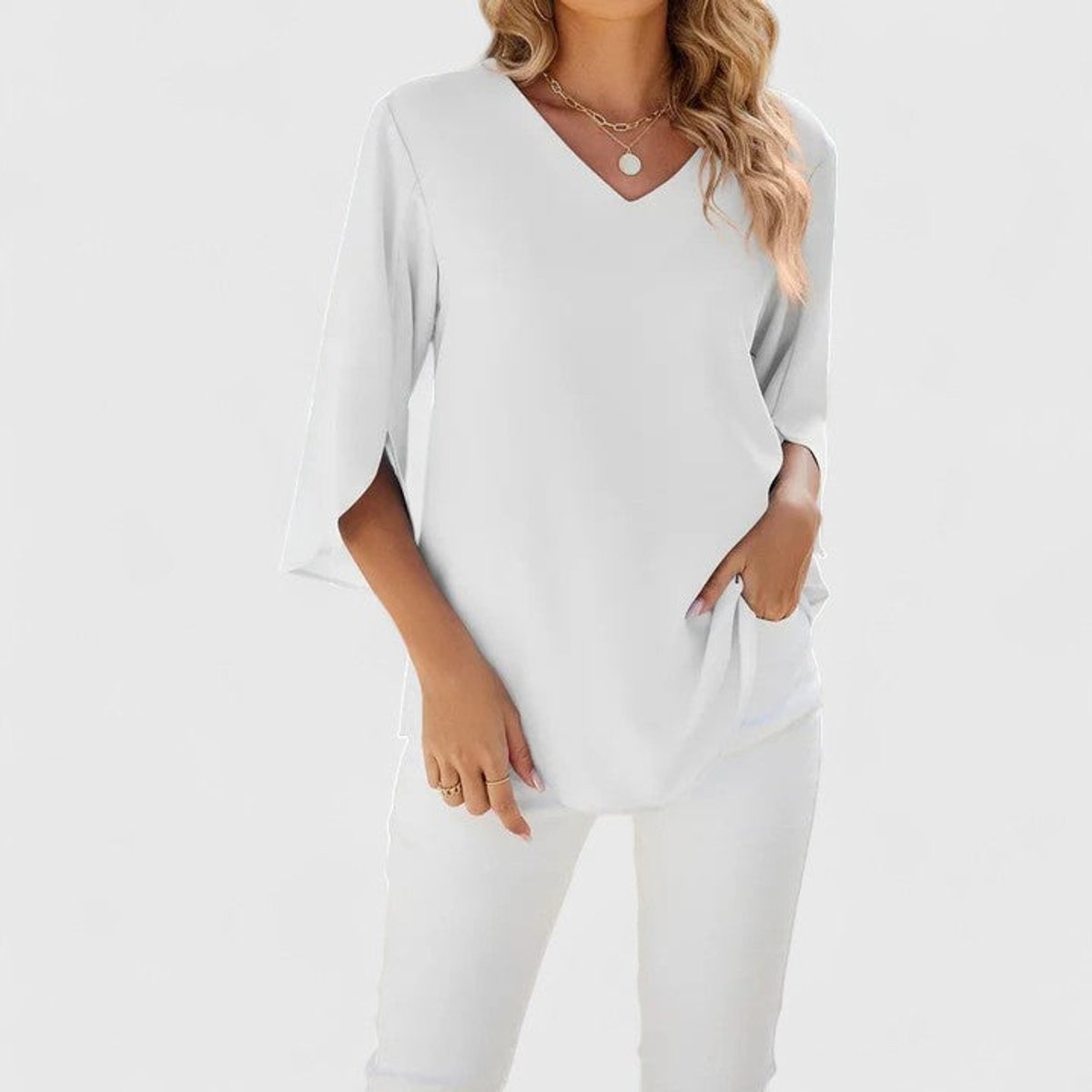 Women's Ruffle V-Neck 3/4 Sleeve Lightweight Chiffon Blouse - Classic White