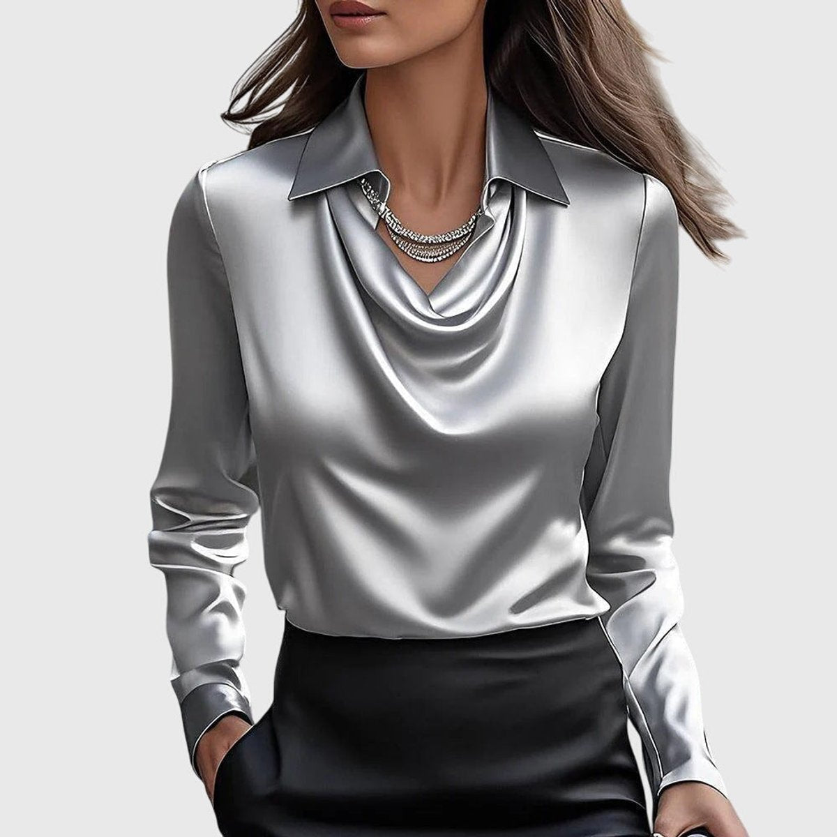 Women's Satin Cowl-Neck Long-Sleeve Elegant Blouse - Silver