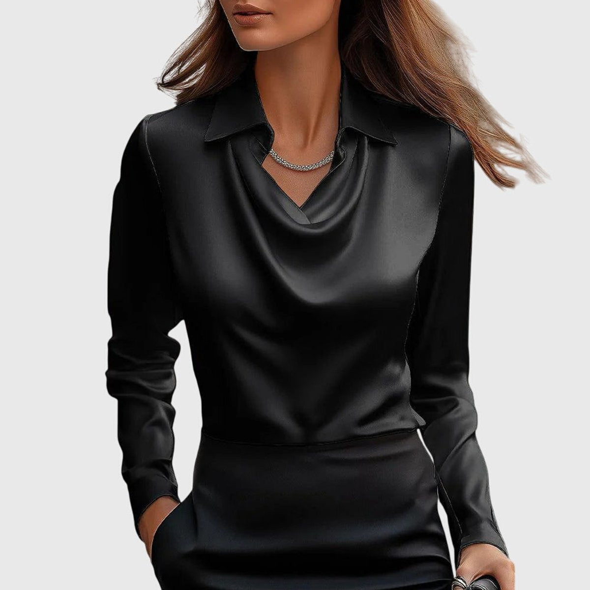 Women's Satin Cowl-Neck Long-Sleeve Elegant Blouse - Black
