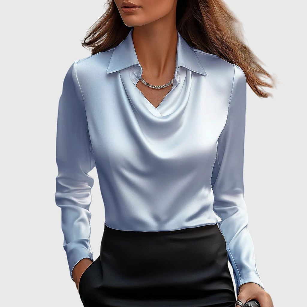 Women's Satin Cowl-Neck Long-Sleeve Elegant Blouse - Light Blue