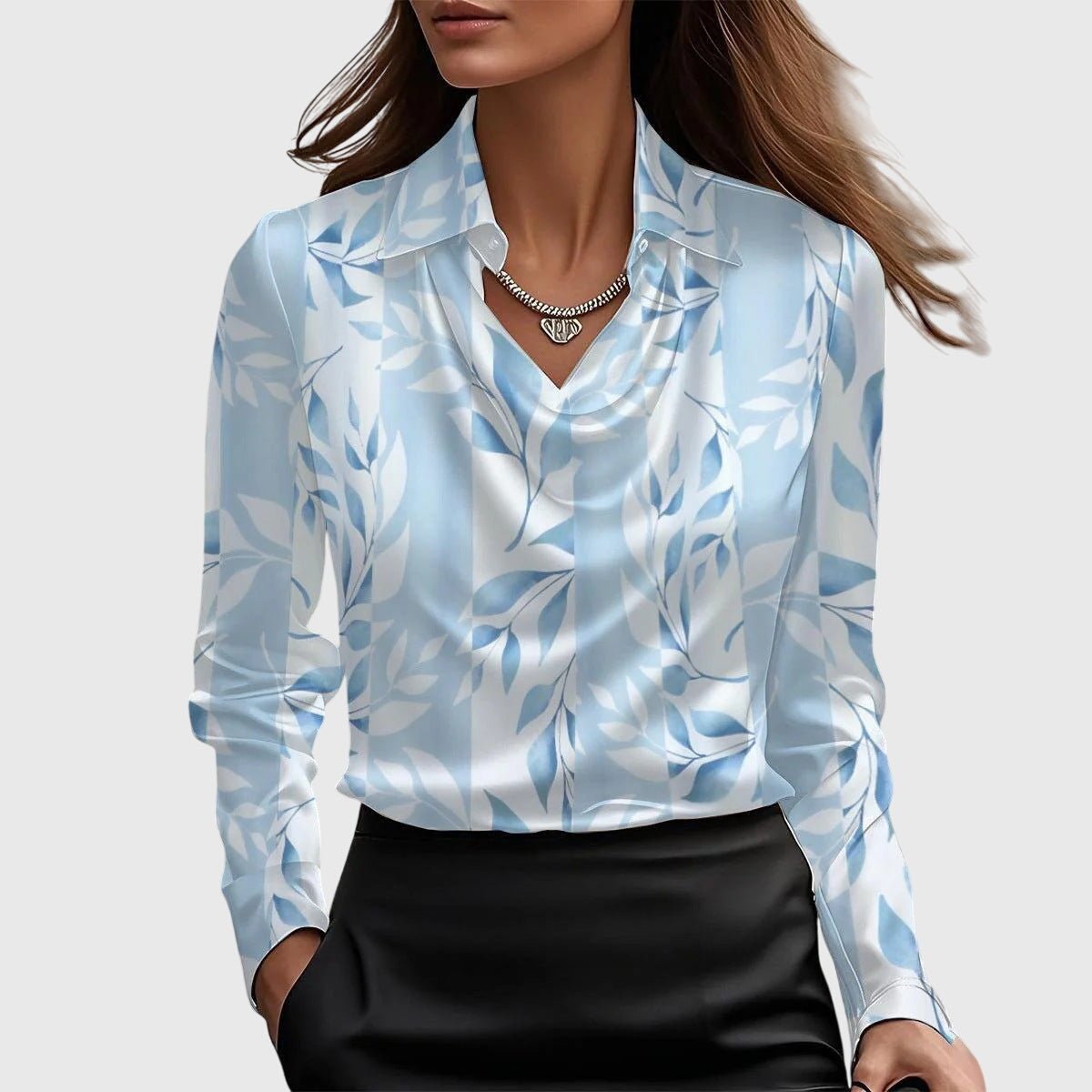 Women's Satin Cowl-Neck Long-Sleeve Elegant Blouse - Light Blue Floral