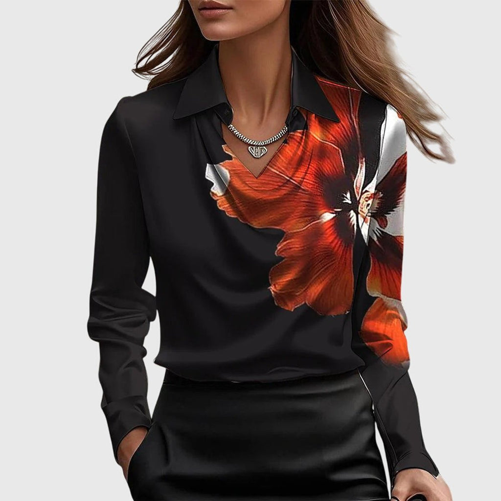 Women's Satin Cowl-Neck Long-Sleeve Elegant Blouse - Black Red