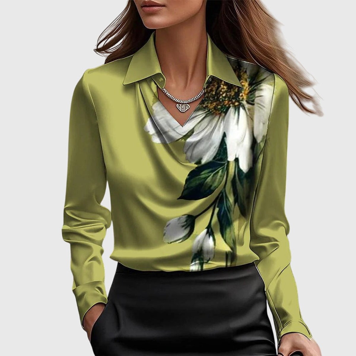 Women's Satin Cowl-Neck Long-Sleeve Elegant Blouse - Green