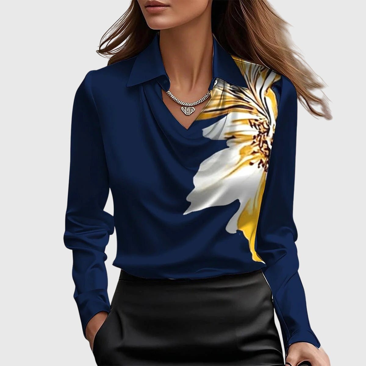 Women's Satin Cowl-Neck Long-Sleeve Elegant Blouse - Dark Blue