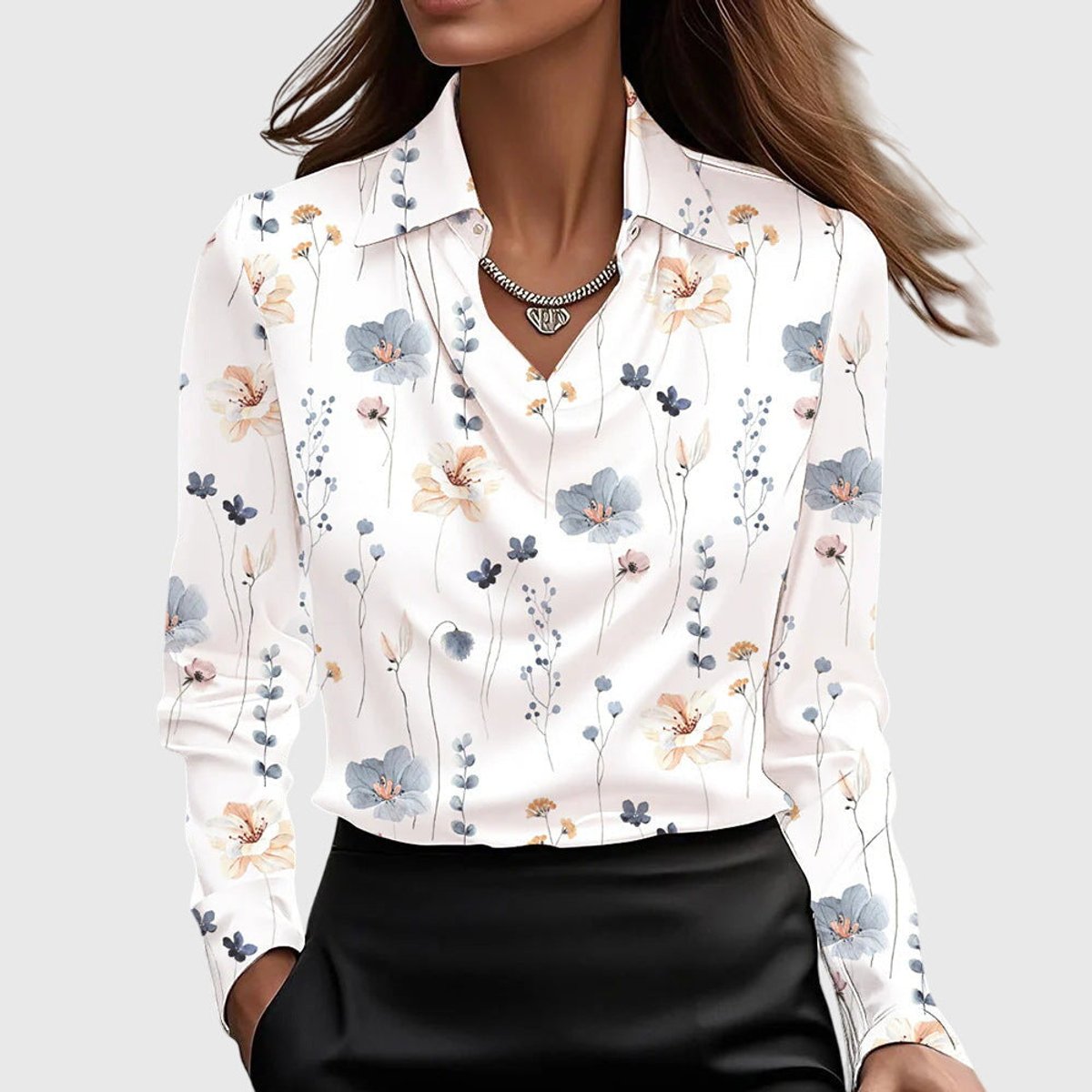 Women's Satin Cowl-Neck Long-Sleeve Elegant Blouse - White Floral
