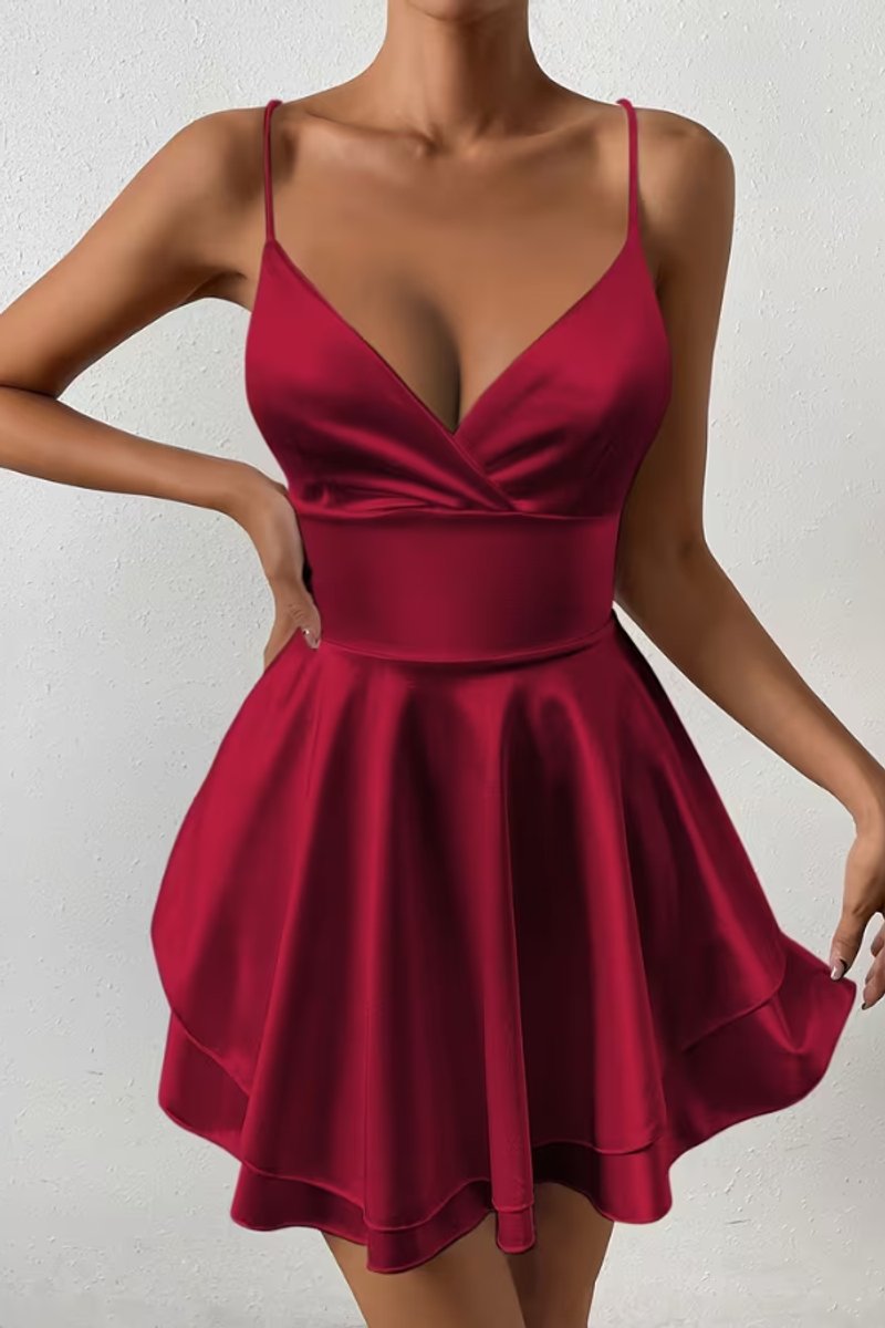 Women's Satin Open-Back V-Neck Cocktail Dress - Burgundy Red