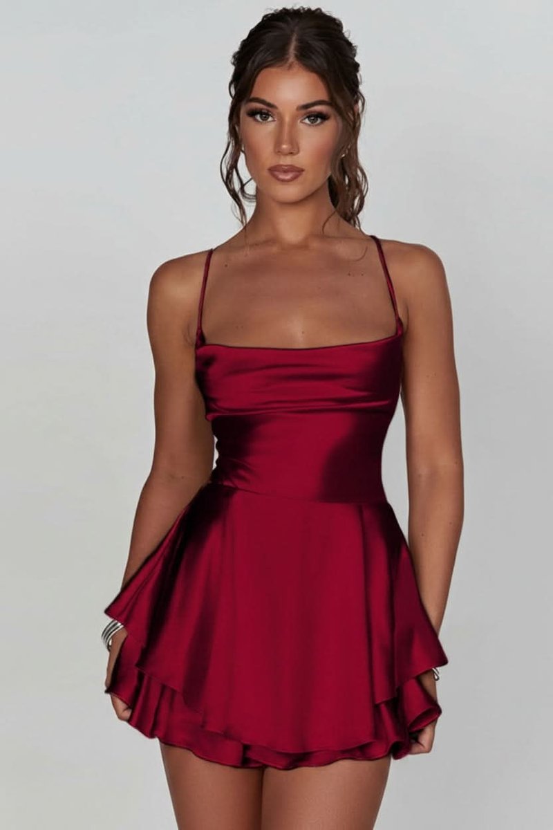 Women's Satin Square-Neck Ruffle Skirt Cocktail Dress - Brick Red