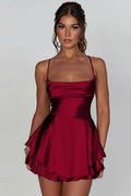 Women's Satin Square-Neck Ruffle Skirt Cocktail Dress - Brick Red