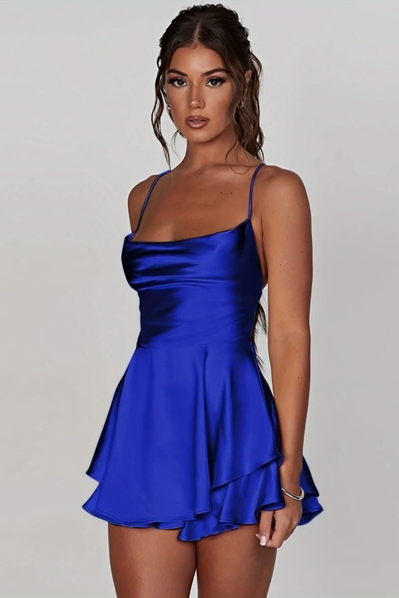 Women's Satin Square-Neck Ruffle Skirt Cocktail Dress - Royal Blue