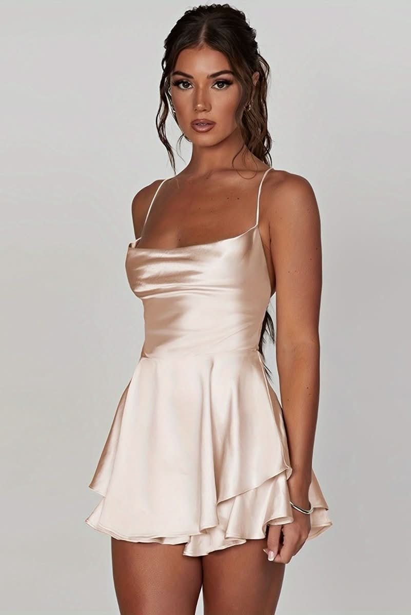 Women's Satin Square-Neck Ruffle Skirt Cocktail Dress - Milky White