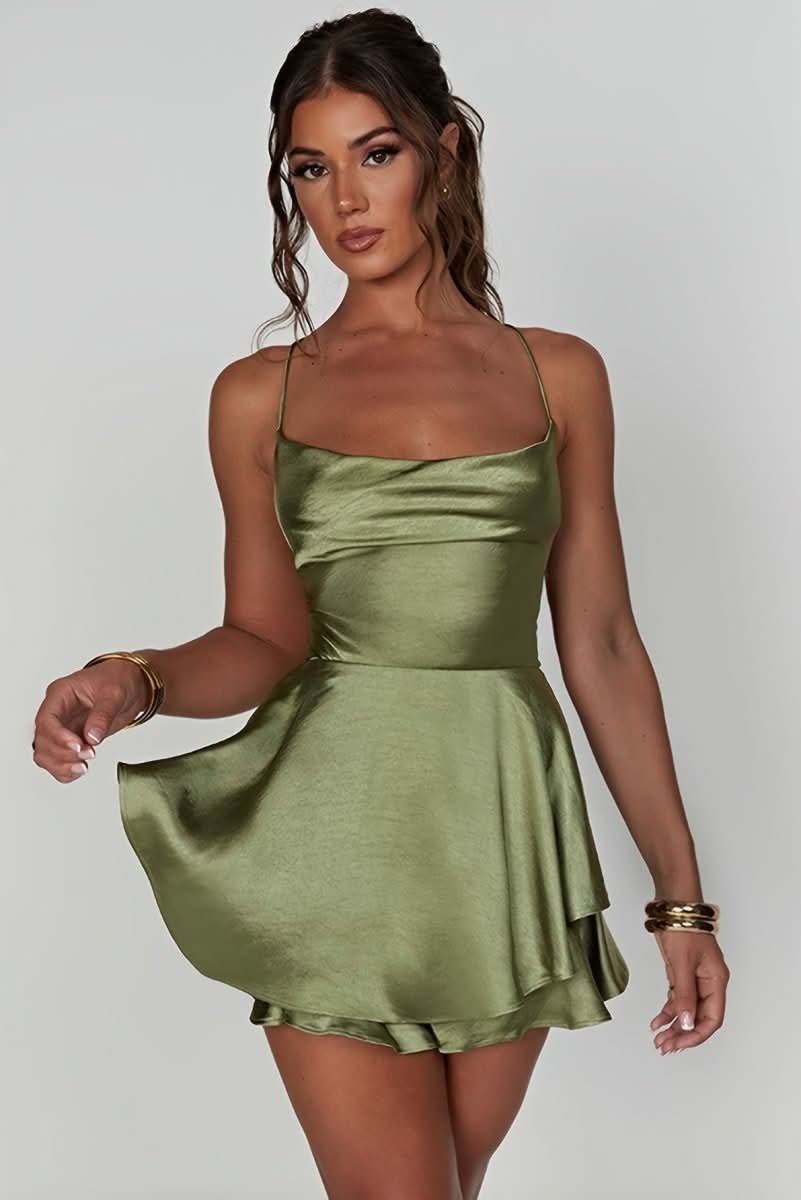 Women's Satin Square-Neck Ruffle Skirt Cocktail Dress - Matcha Green