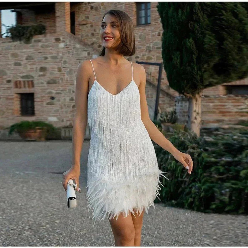 Women's Sequin Fringe Feather-Hem Mini Cocktail Dress