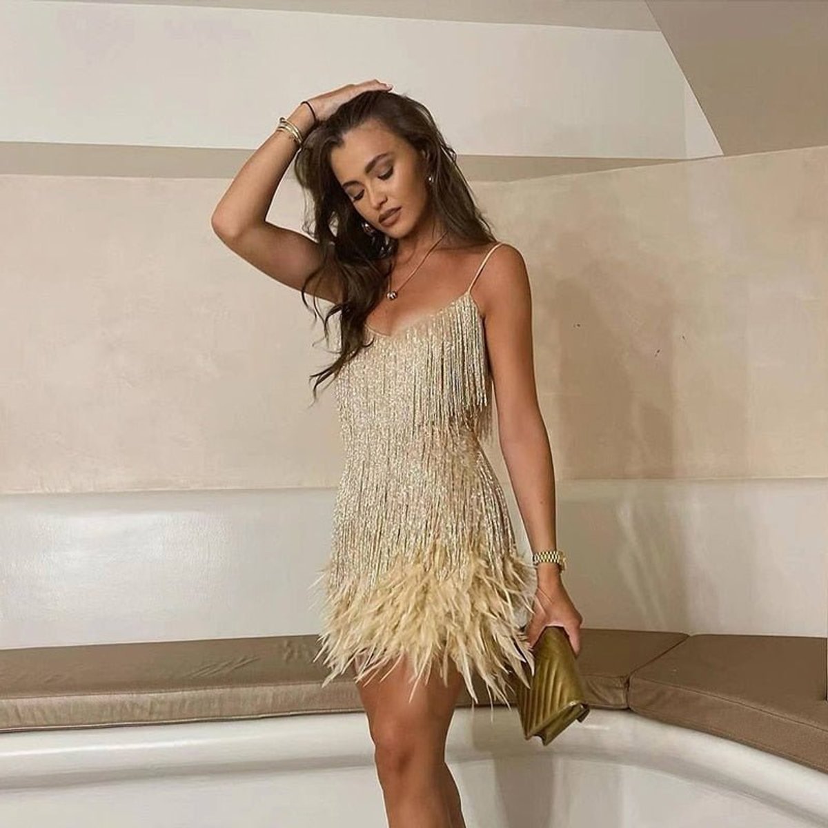 Women's Sequin Fringe Feather-Hem Mini Cocktail Dress - Gold