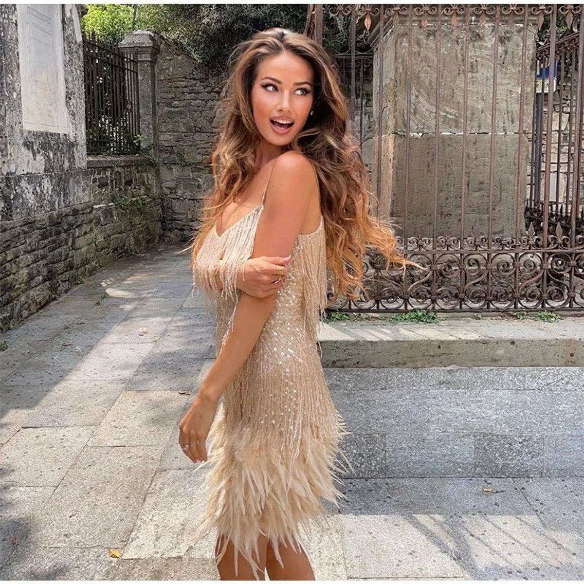 Women's Sequin Fringe Feather-Hem Mini Cocktail Dress