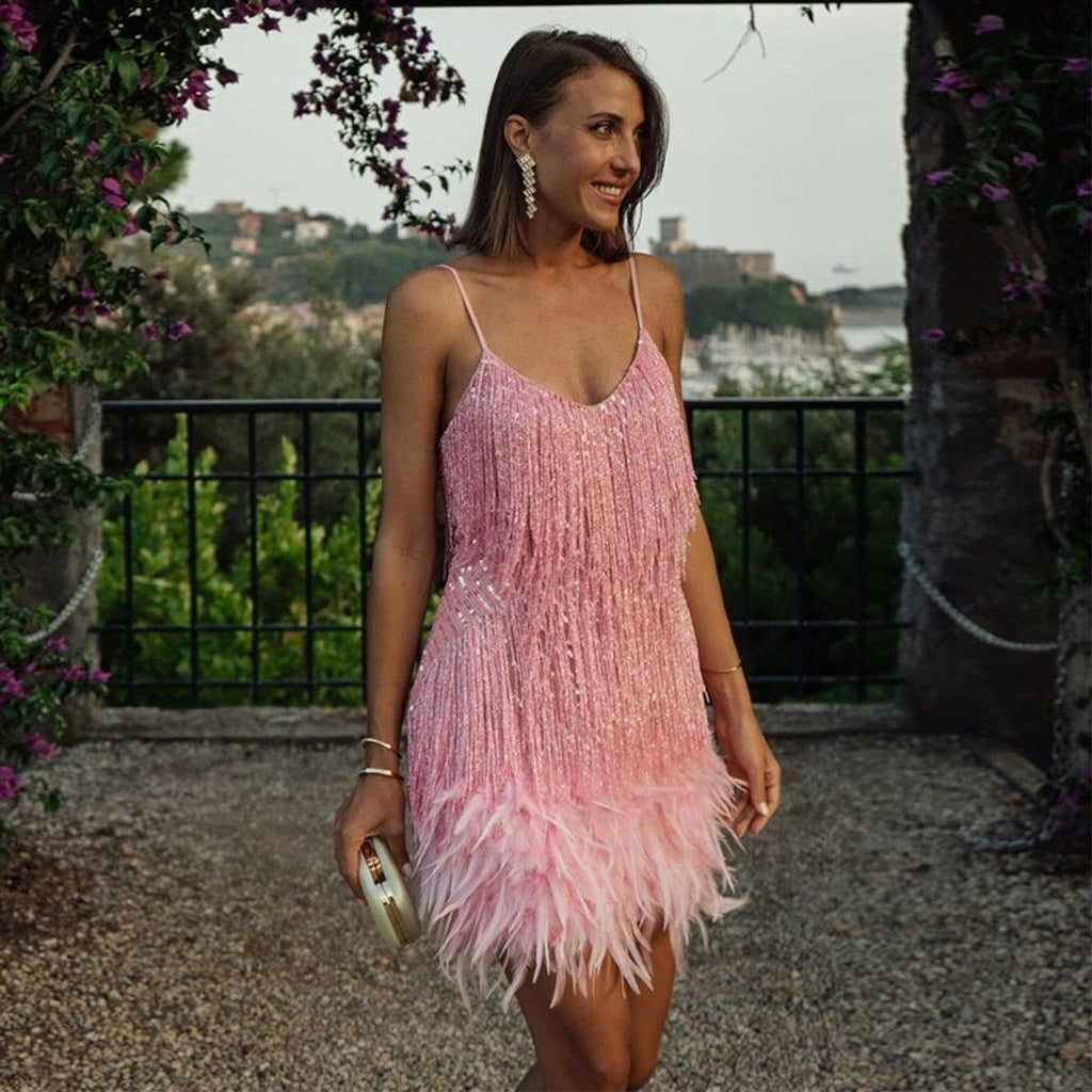 Women's Sequin Fringe Feather-Hem Mini Cocktail Dress