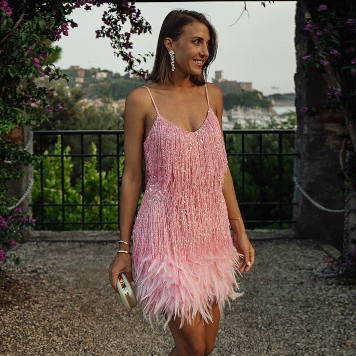 Women's Sequin Fringe Feather-Hem Mini Cocktail Dress