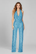 Women's Sequin Halter Cowl-Neck Wide Leg Pants Jumpsuit - Light Blue