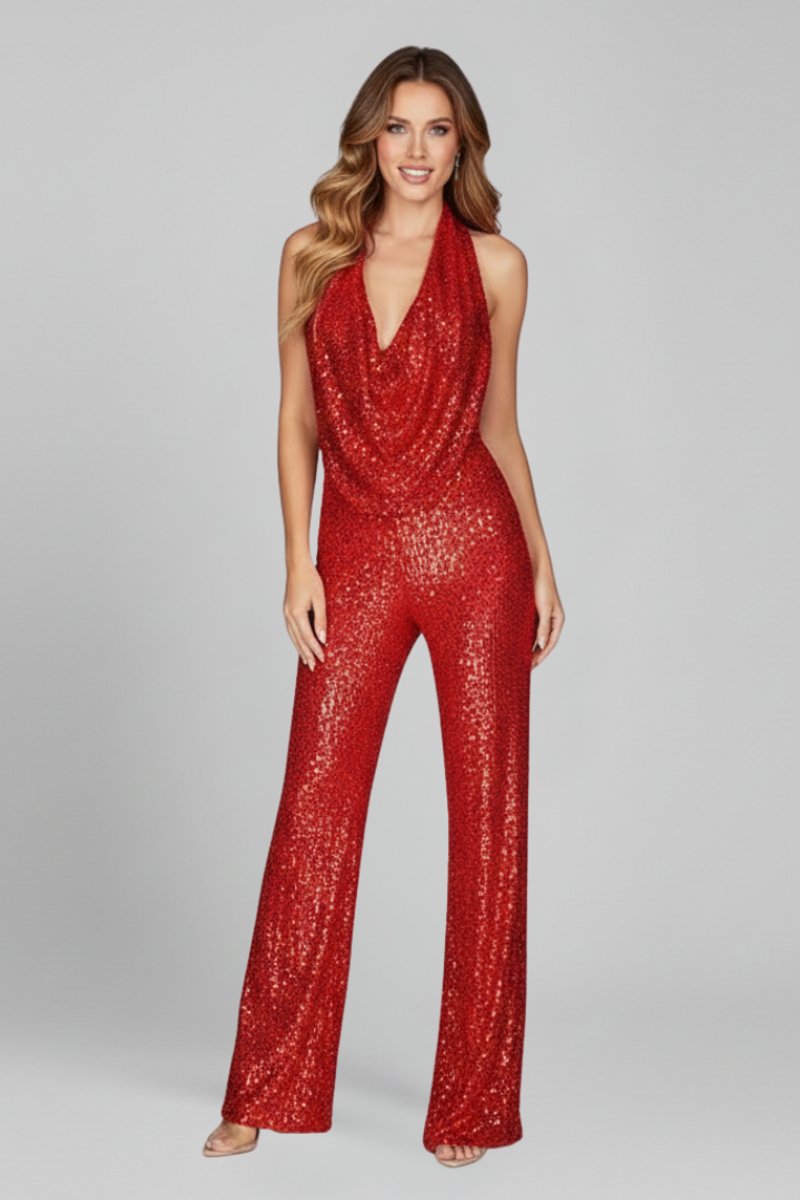 Women's Sequin Halter Cowl-Neck Wide Leg Pants Jumpsuit - Red