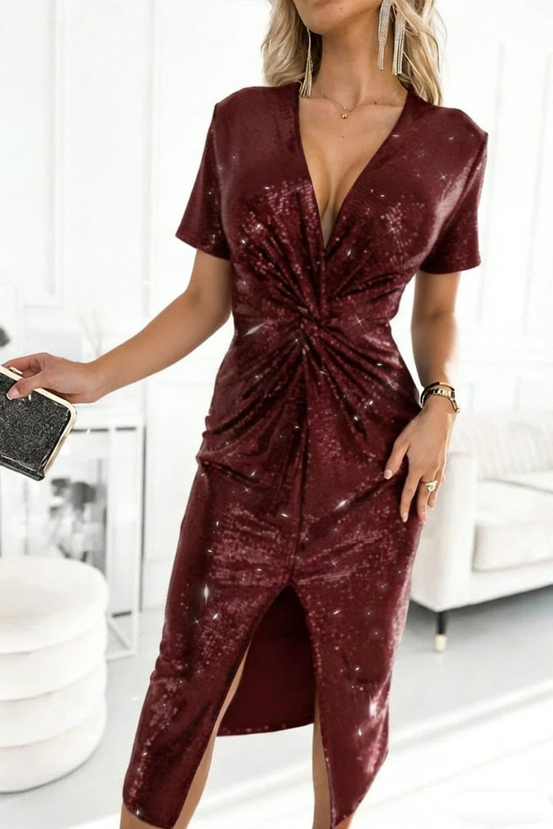 Women's Sequin Long-Sleeve Deep V-Neck Twist-Front Cocktail Dress - Bordeaux